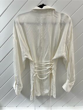 ZARA Classic White Satin Button-Up Shirt with Lace Up Back